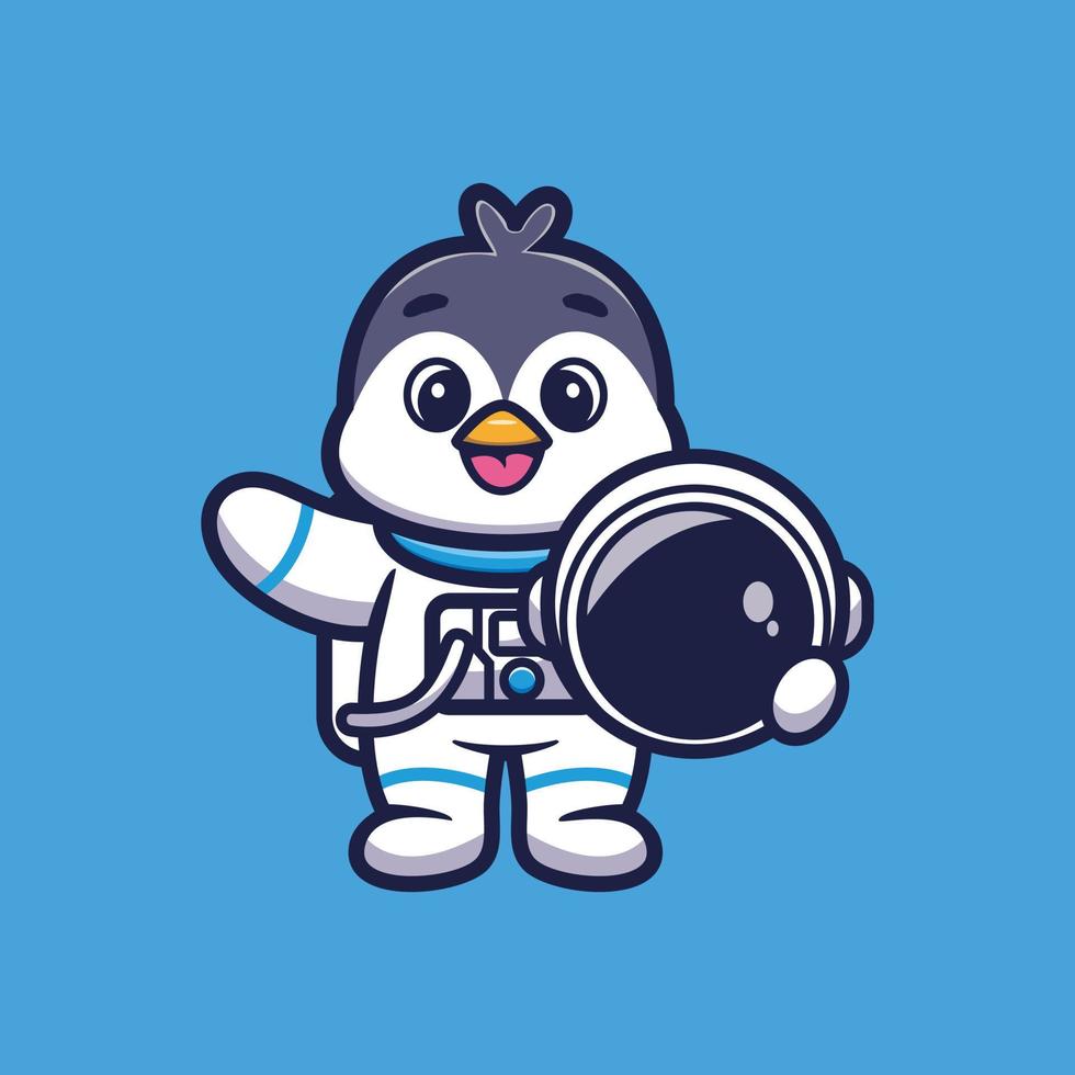 carino astronauta pinguino che tiene casco cartone animato illustrazione vettoriale