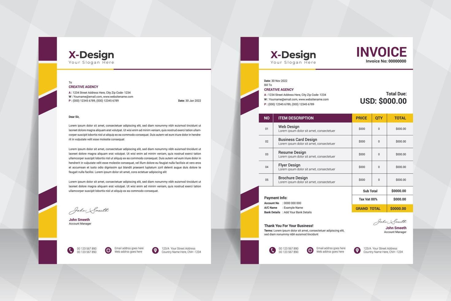 modello di carta intestata e fattura aziendale, modello di progettazione dell'identità del marchio aziendale vettore