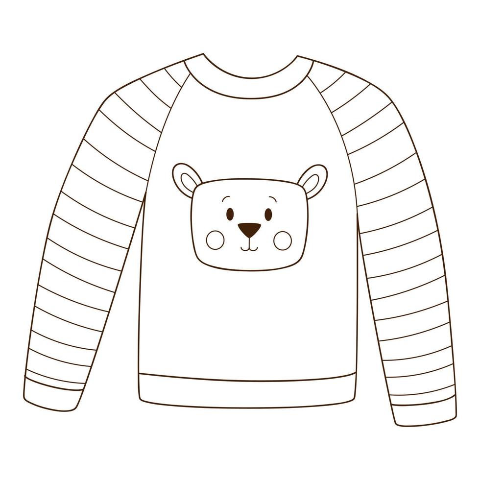 giacca con un simpatico orso. maglione caldo, pigiama. abbigliamento autunnale. elemento di design con contorno. tema autunnale. scarabocchio, disegnato a mano. illustrazione vettoriale bianco nero. isolato su bianco