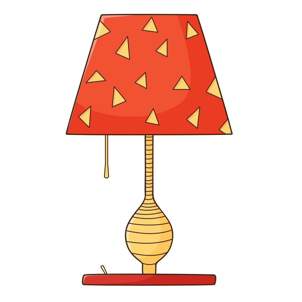 una lampada da tavolo con una sfumatura rossa. dispositivo di illuminazione elettrica. elemento di design con contorno. scarabocchio, disegnato a mano. design piatto. illustrazione vettoriale a colori. Isolato su uno sfondo bianco.