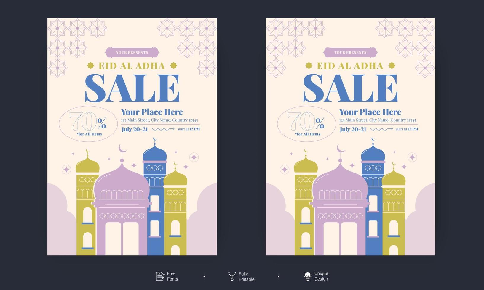 volantino eid al adha. eid, ramadan kareem set di poster o inviti. biglietto di auguri decorativo retrò o design del layout dell'invito vettore