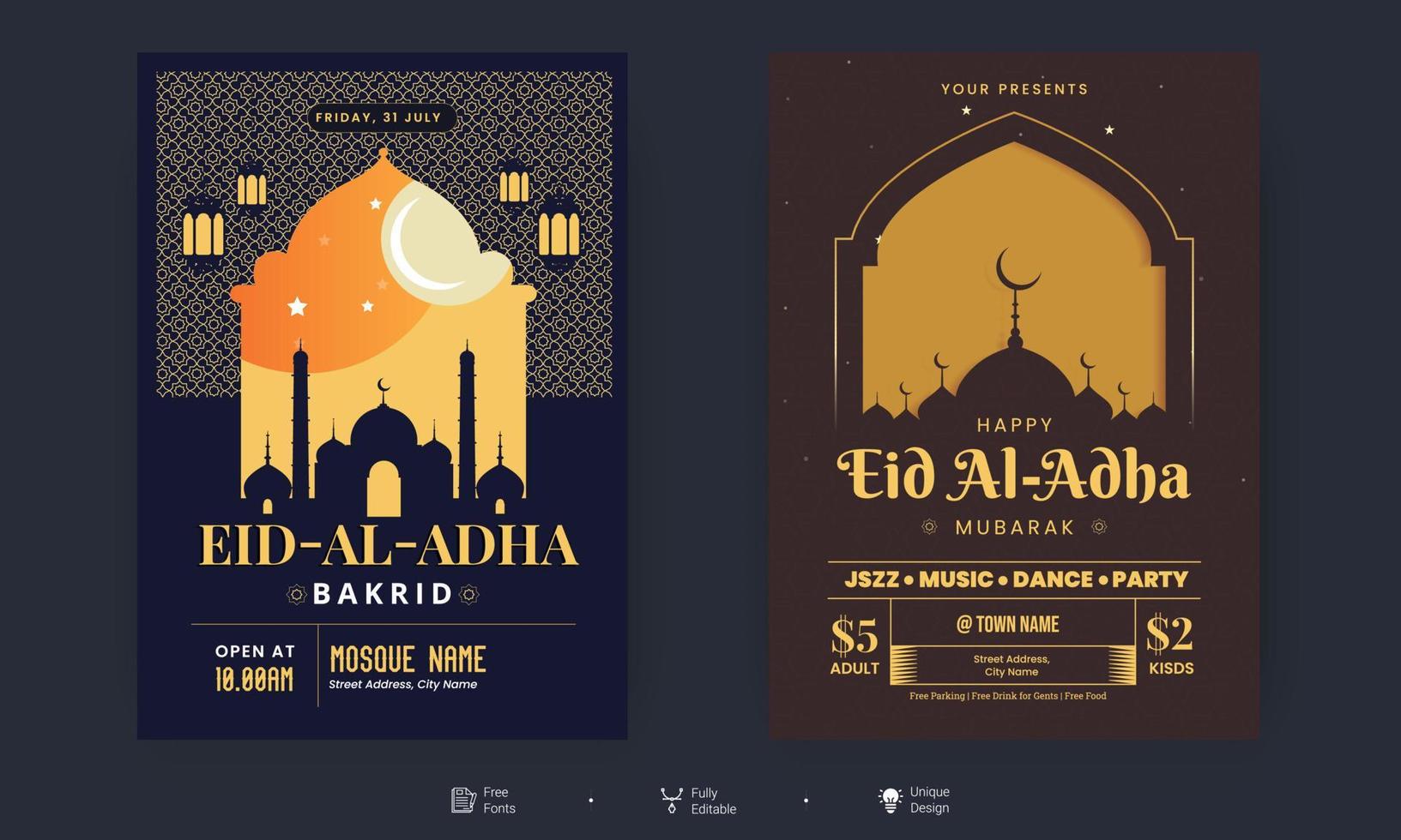 volantino eid al adha. eid, ramadan kareem set di poster o inviti. biglietto di auguri decorativo retrò o design del layout dell'invito vettore