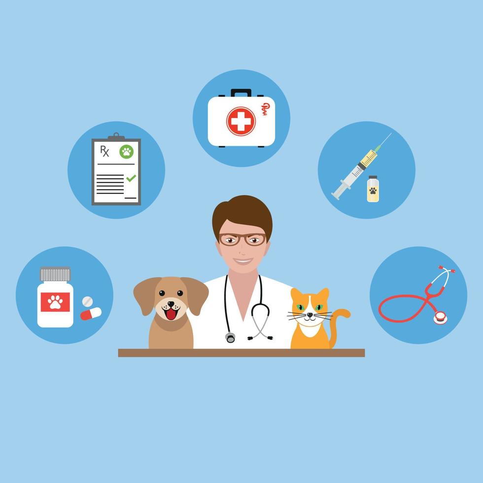 illustrazione di un medico veterinario con cane e gatto vettore