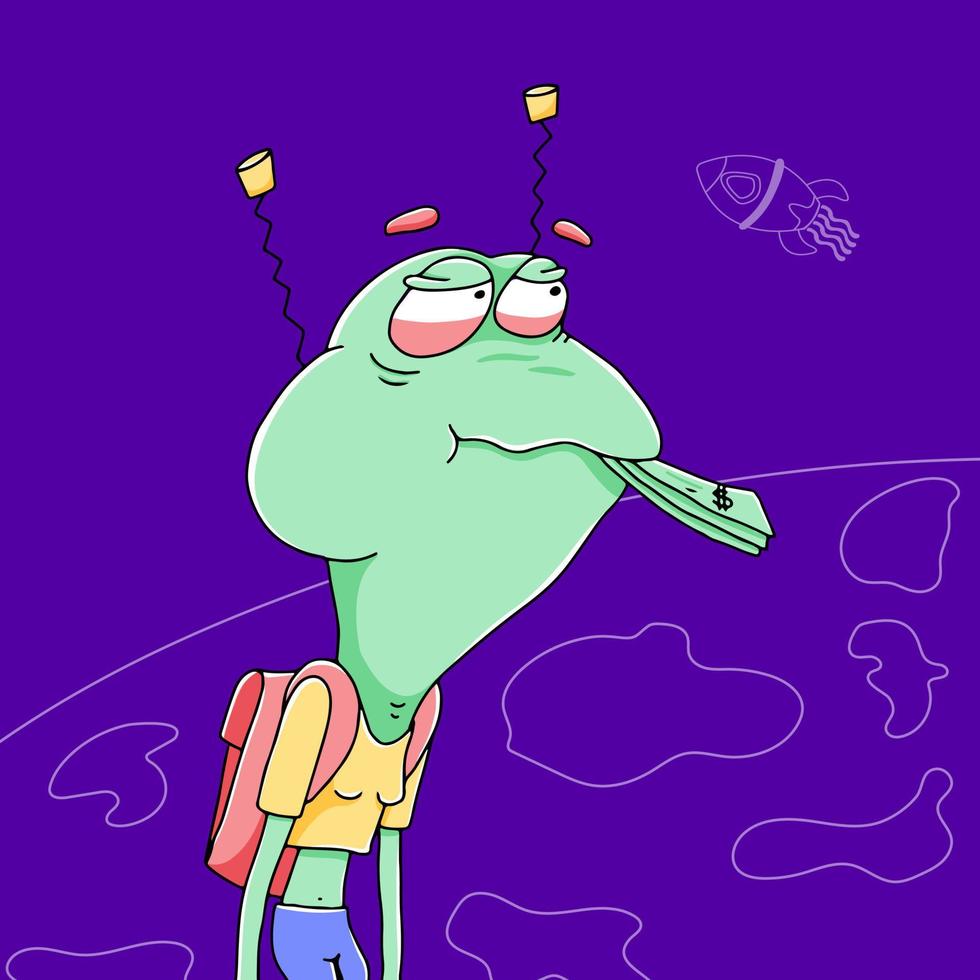 una simpatica rana con uno zaino e dei soldi in bocca si prepara ad andare nello spazio. rana con antenne sulla testa, divertente avatar di mammifero. illustrazione disegnata a mano di vettore