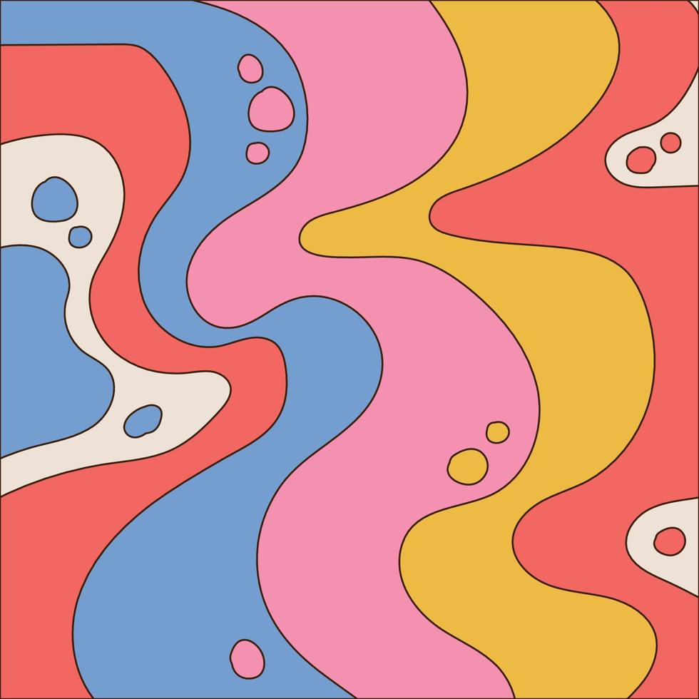 sfondo psichedelico dell'onda groovy con riccioli e gocce liquide. illustrazione disegnata a mano di vettore con contorno lineare.