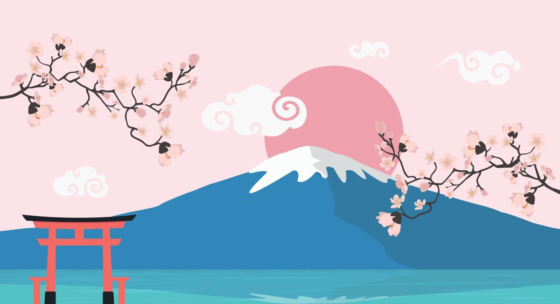 ramo floreale rosa con sfondo di montagna fuji vettore