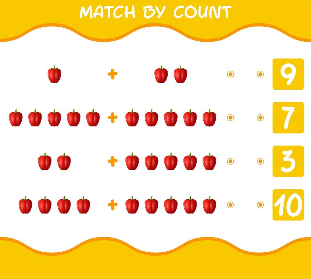 corrispondenza per conteggio di peperoni dei cartoni animati. partita e conteggio del gioco. gioco educativo per bambini e bambini in età prescolare vettore