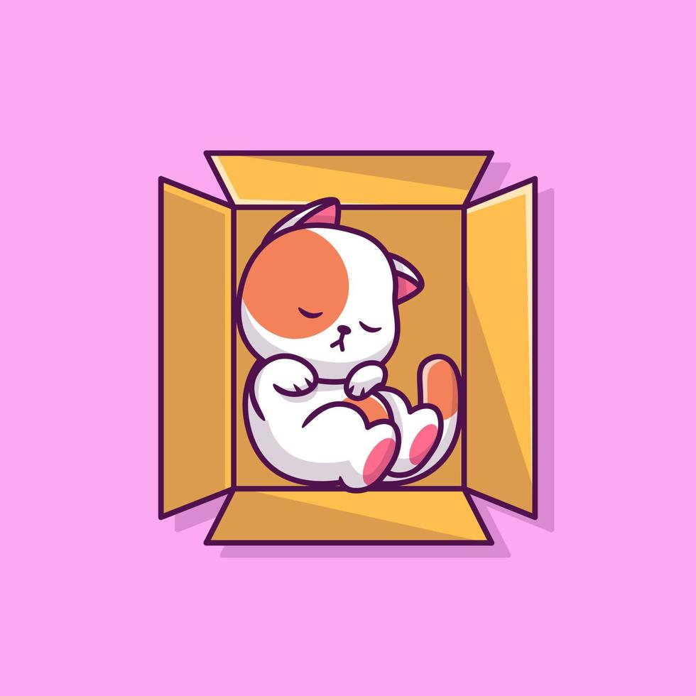 simpatico gatto che dorme nell'illustrazione dell'icona di vettore del fumetto della scatola. concetto di icona della natura animale isolato vettore premium. stile cartone animato piatto