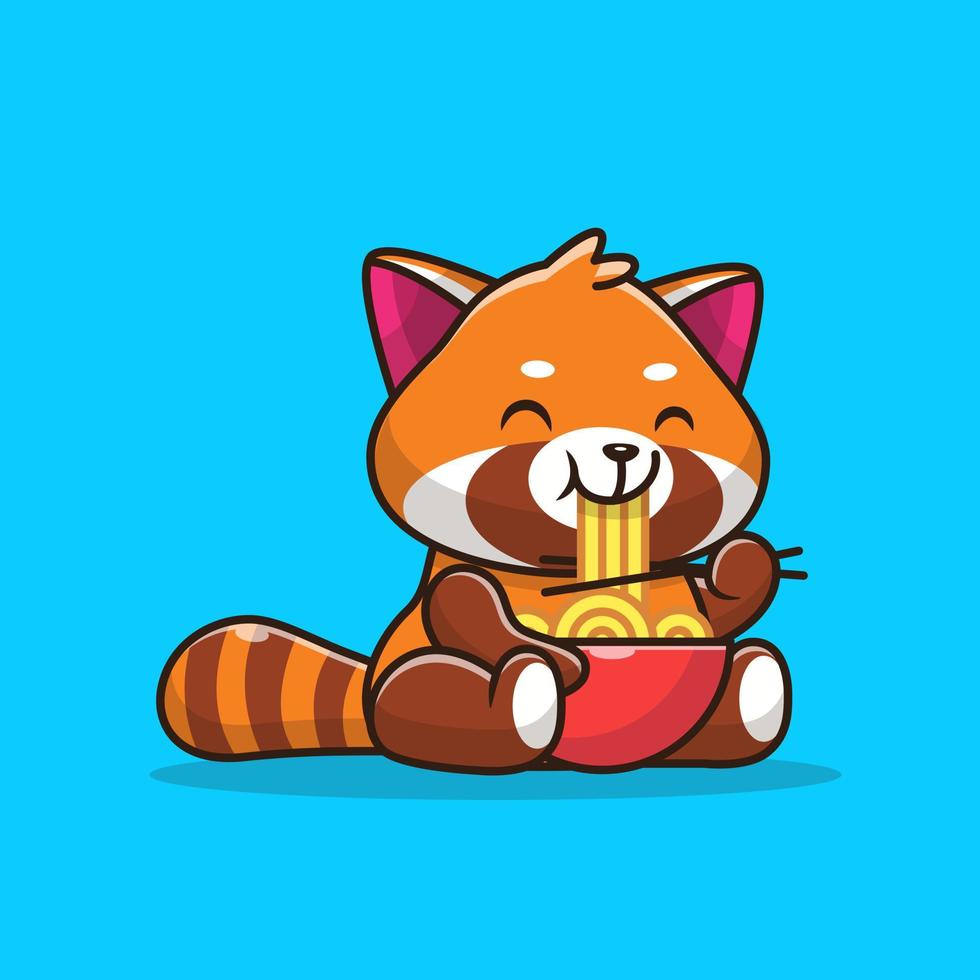 carino panda rosso che mangia noddle cartone animato icona vettore illustrazione. concetto di icona di cibo per animali isolato vettore premium. stile cartone animato piatto