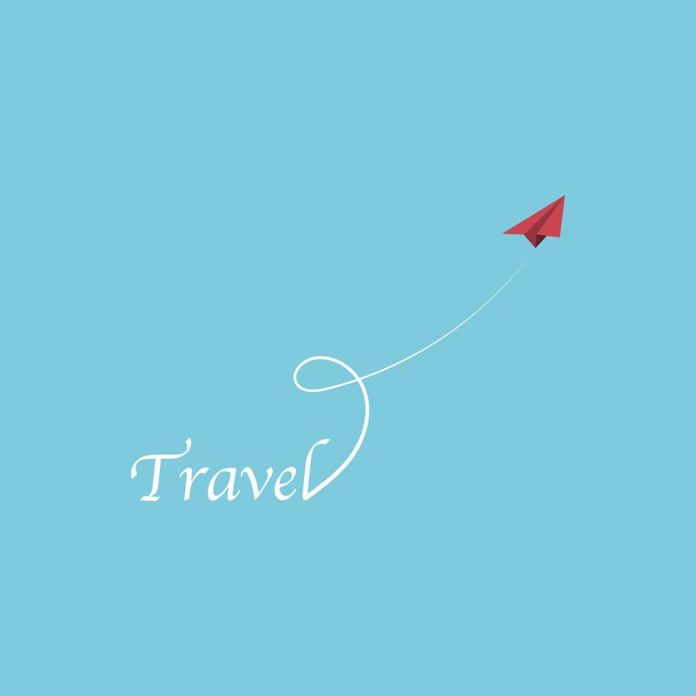 viaggiare con un aereo di carta rosso che vola verso il cielo, illustrazione vettoriale in stile piatto.