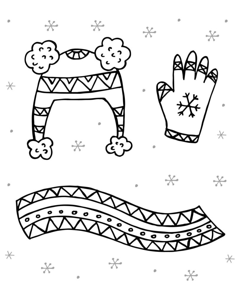 un set di abbigliamento invernale disegnato a mano. illustrazione vettoriale in stile doodle. umore invernale. ciao 2023. buon natale e felice anno nuovo. elementi neri e grigi su sfondo bianco.