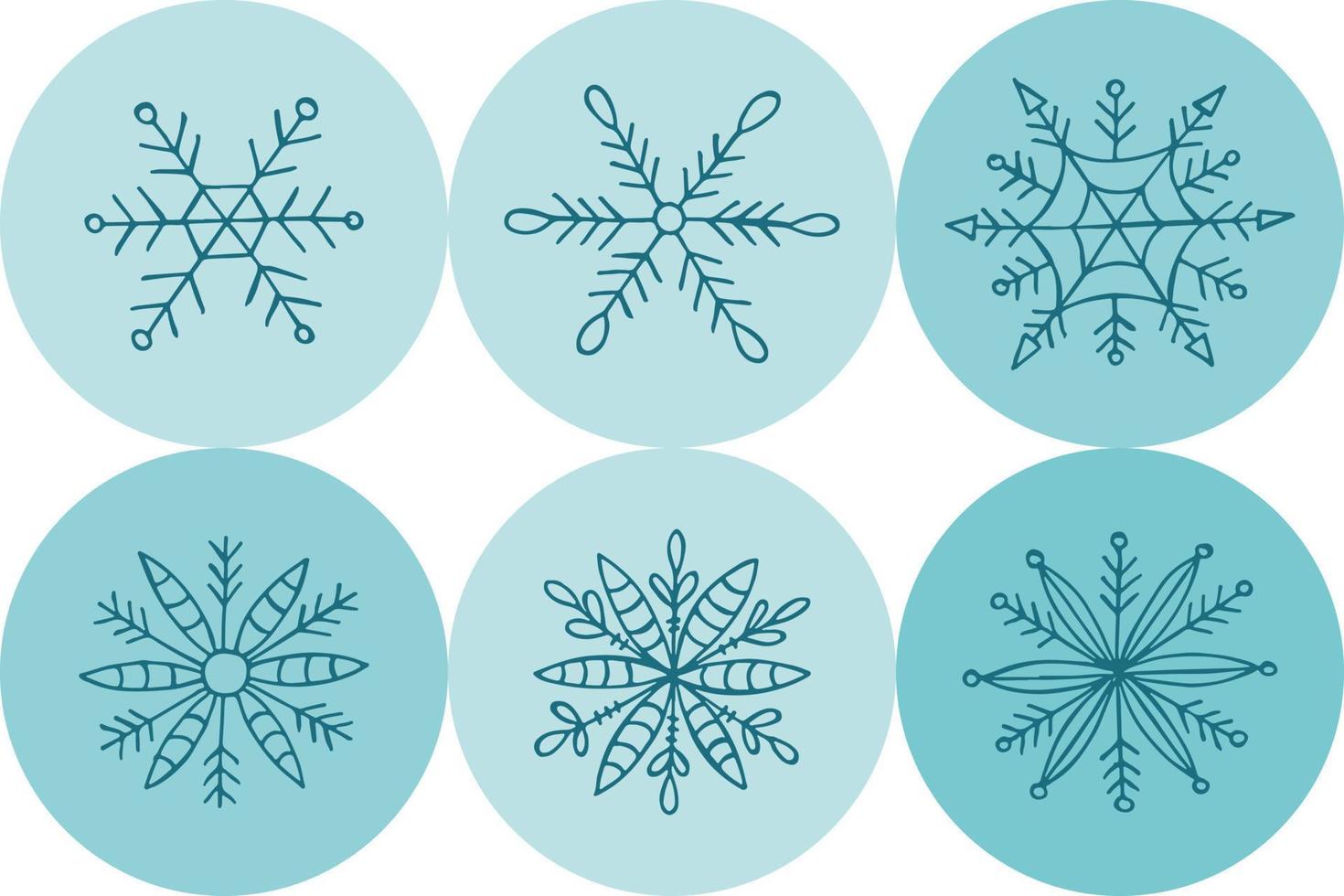 una serie di fiocchi di neve disegnati a mano. illustrazione vettoriale in stile doodle. umore invernale. ciao 2023. buon natale e felice anno nuovo. elementi blu su sfondo azzurro.