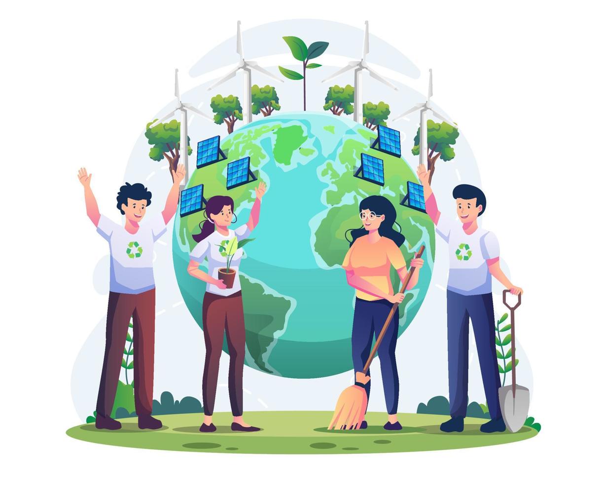 la giornata mondiale dell'ambiente con le persone si prende cura della terra facendo giardinaggio e pulendo l'illustrazione vettoriale piatta