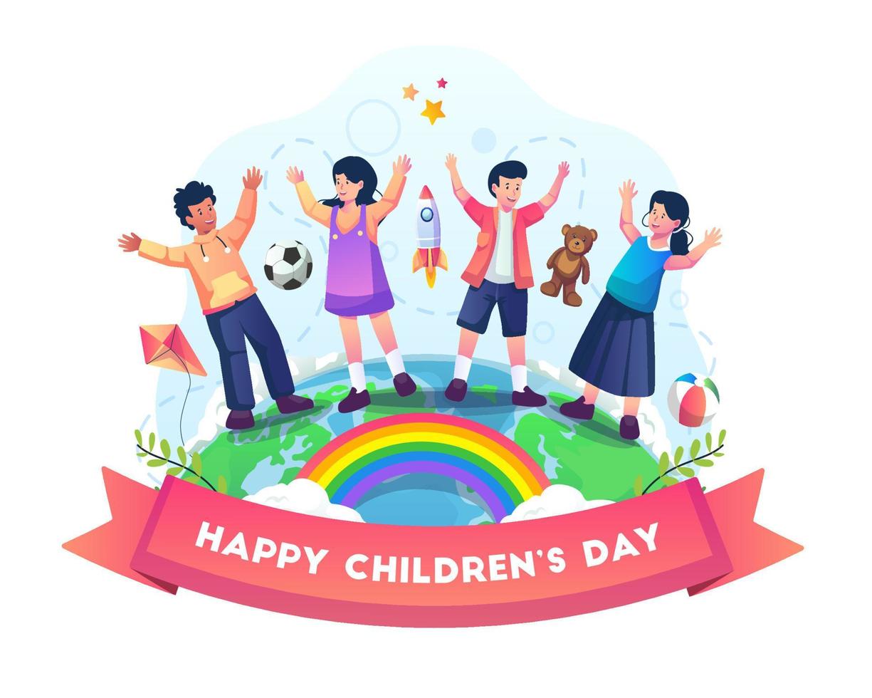 i bambini felici di tutto il mondo stanno con le mani alzate per celebrare insieme la giornata dei bambini. illustrazione vettoriale in stile piatto