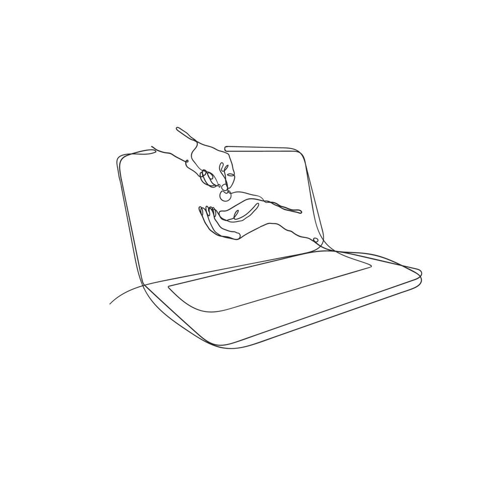 mano di disegno a tratteggio continuo che dà e riceve moneta sul simbolo del computer portatile per la carità digitale o l'illustrazione di pagamento vettore