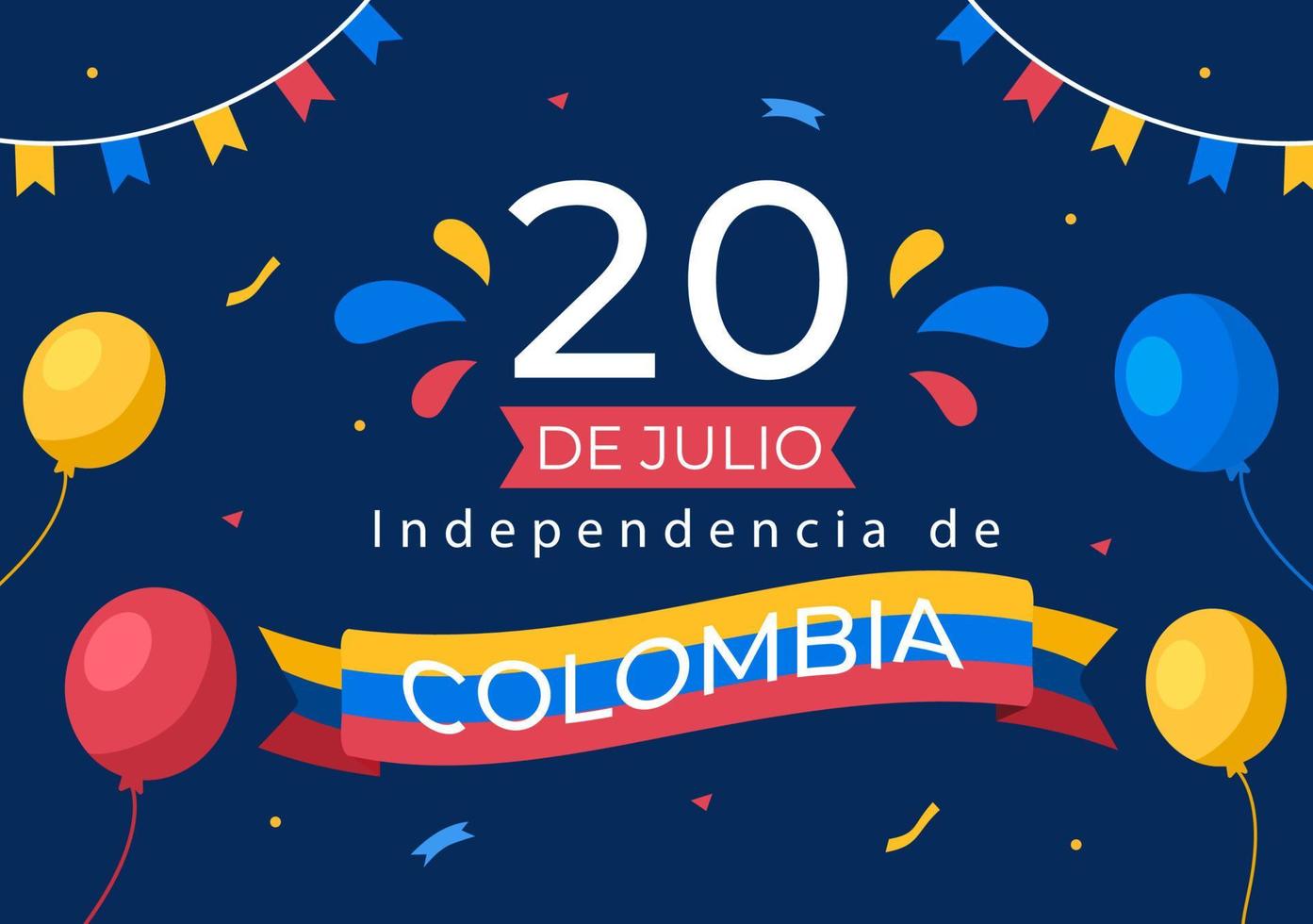 20 luglio indipendenza della colombia fumetto illustrazione con bandiere e palloncini per il design in stile poster vettore