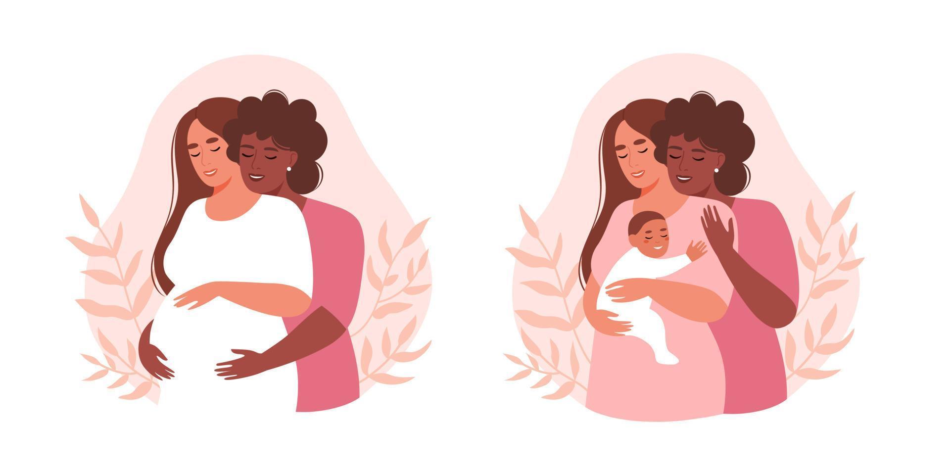 la famiglia lgbt felice aspetta un bambino. coppia lesbica con un neonato. donna incinta con la moglie. serie di illustrazioni sulla gravidanza e la maternità. illustrazione vettoriale piatta.