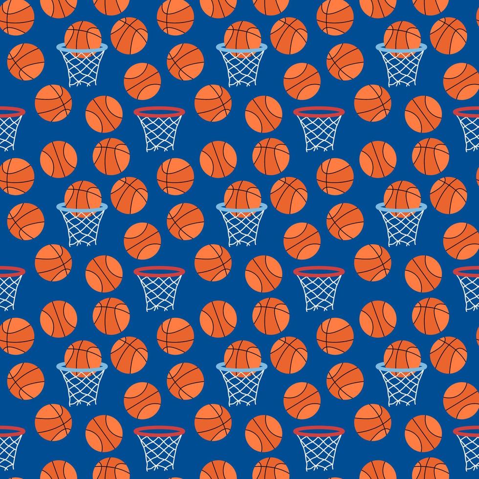 modello di basket. sfondo sportivo senza soluzione di continuità con palline arancioni e canestri. illustrazione vettoriale piatta