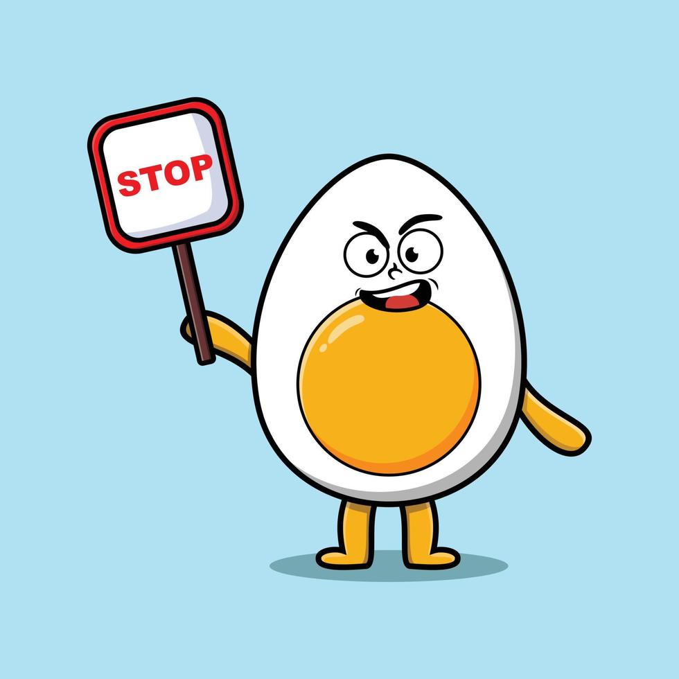 simpatico cartone animato uovo sodo con cartello di stop vettore