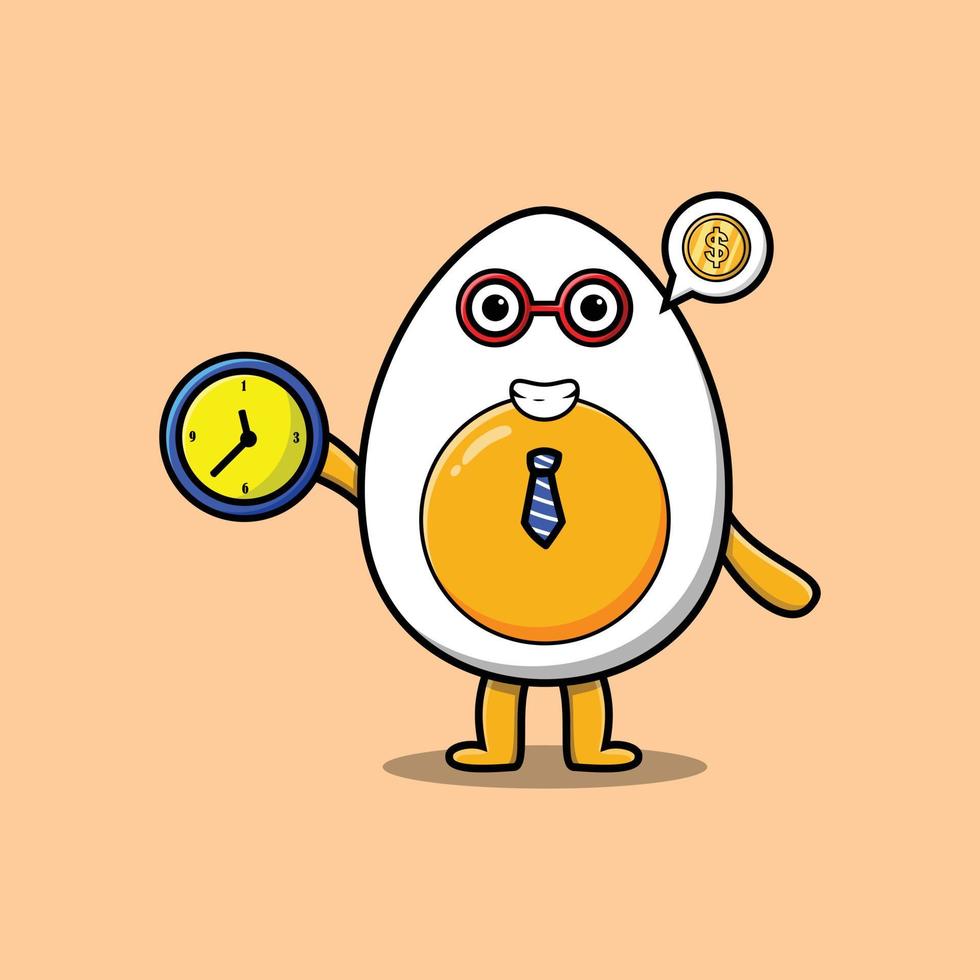 simpatico cartone animato uovo sodo personaggio che tiene orologio vettore