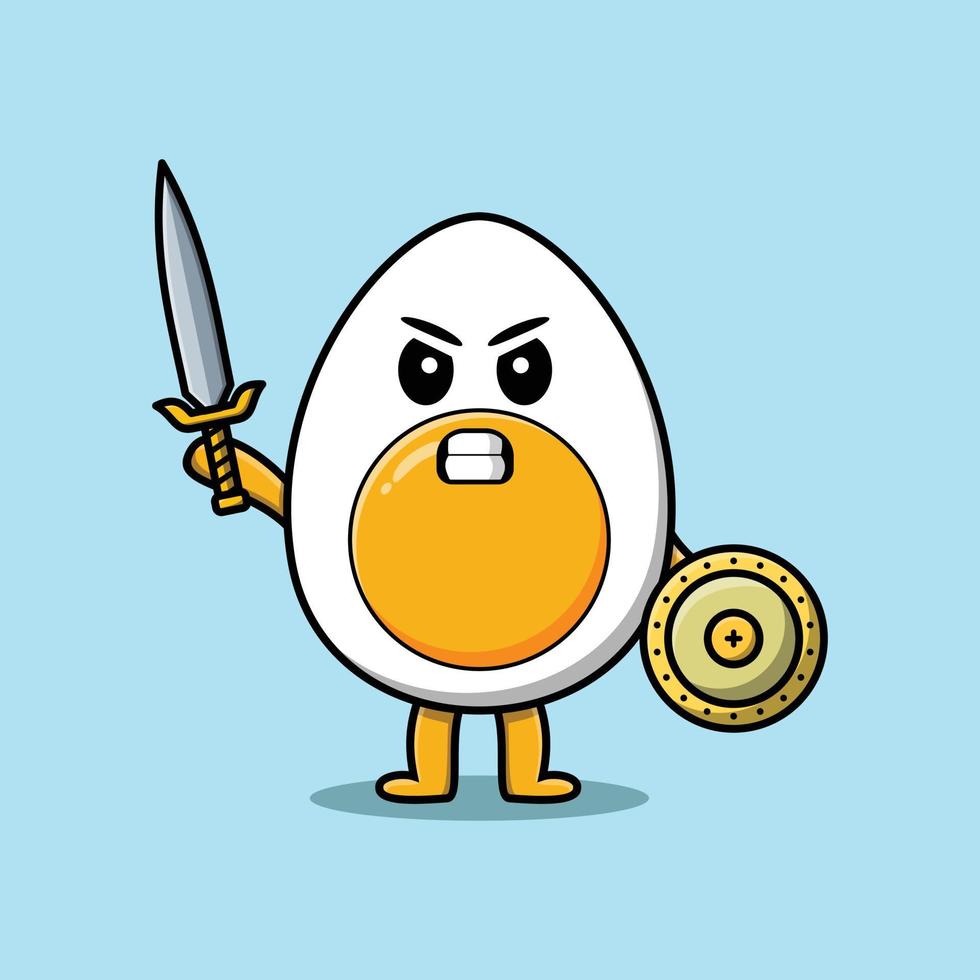 simpatico cartone animato uovo sodo che tiene spada e scudo vettore