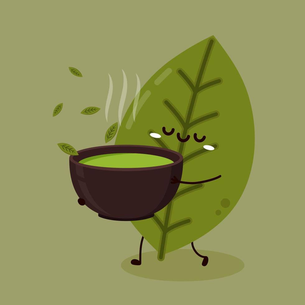 carattere di foglie di tè. foglie di tè su sfondo verde. sfondo. design del personaggio matcha. vettore