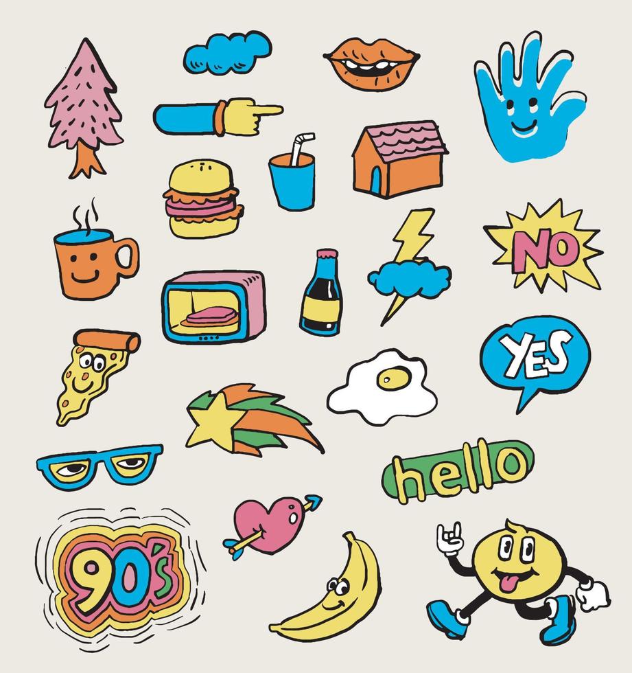 icona del badge pin del fumetto dall'illustrazione vettoriale doodle degli anni '90.