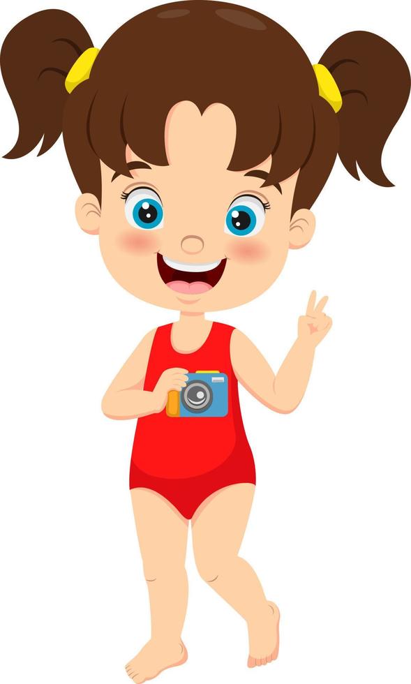 bambina del fumetto in costume da bagno rosso che tiene la macchina fotografica vettore