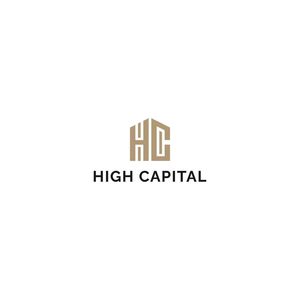 lettera iniziale astratta h e c a forma di casa in colore oro richiesta per un design del logo di una società di investimento adatto anche per i marchi o le aziende che hanno il nome iniziale hc o ch vettore