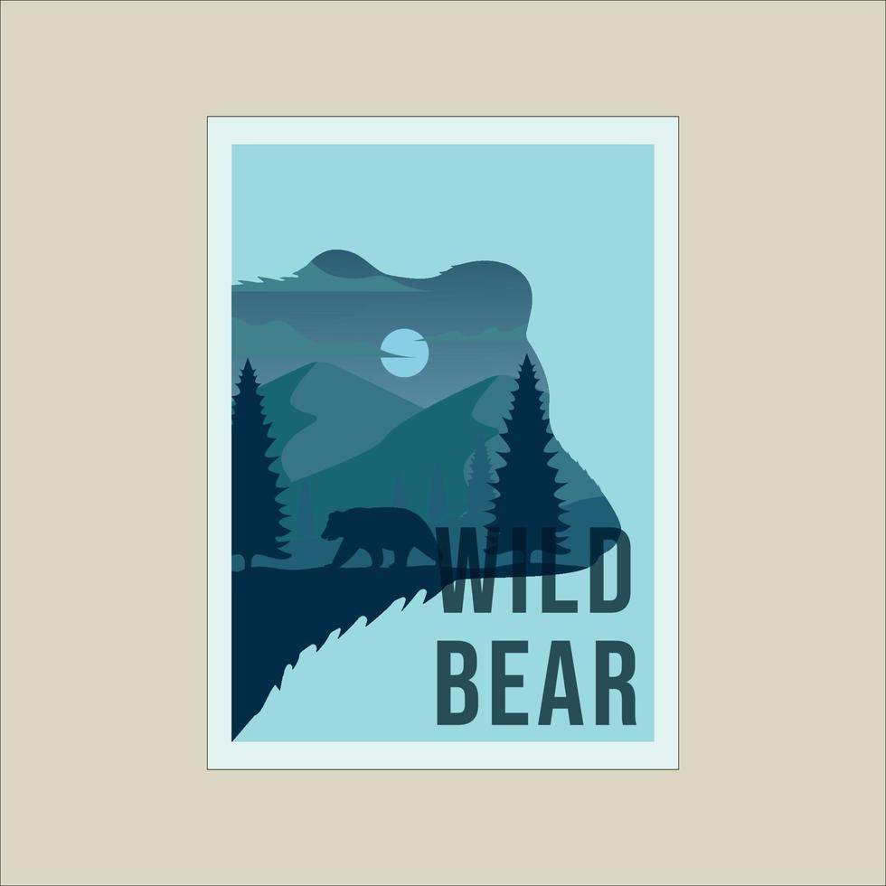 disegno grafico del modello dell'illustrazione della doppia esposizione del manifesto minimalista della fauna selvatica dell'orso vettore