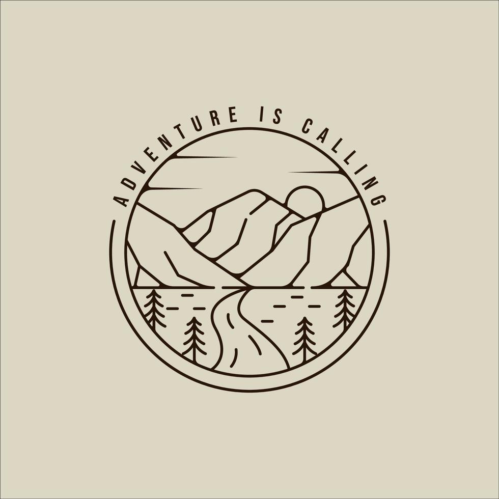 montagna e pini logo line art semplice minimalista illustrazione vettoriale modello icona graphic design. segno o simbolo di avventura e attività all'aperto per la compagnia di viaggi con badge e tipografia