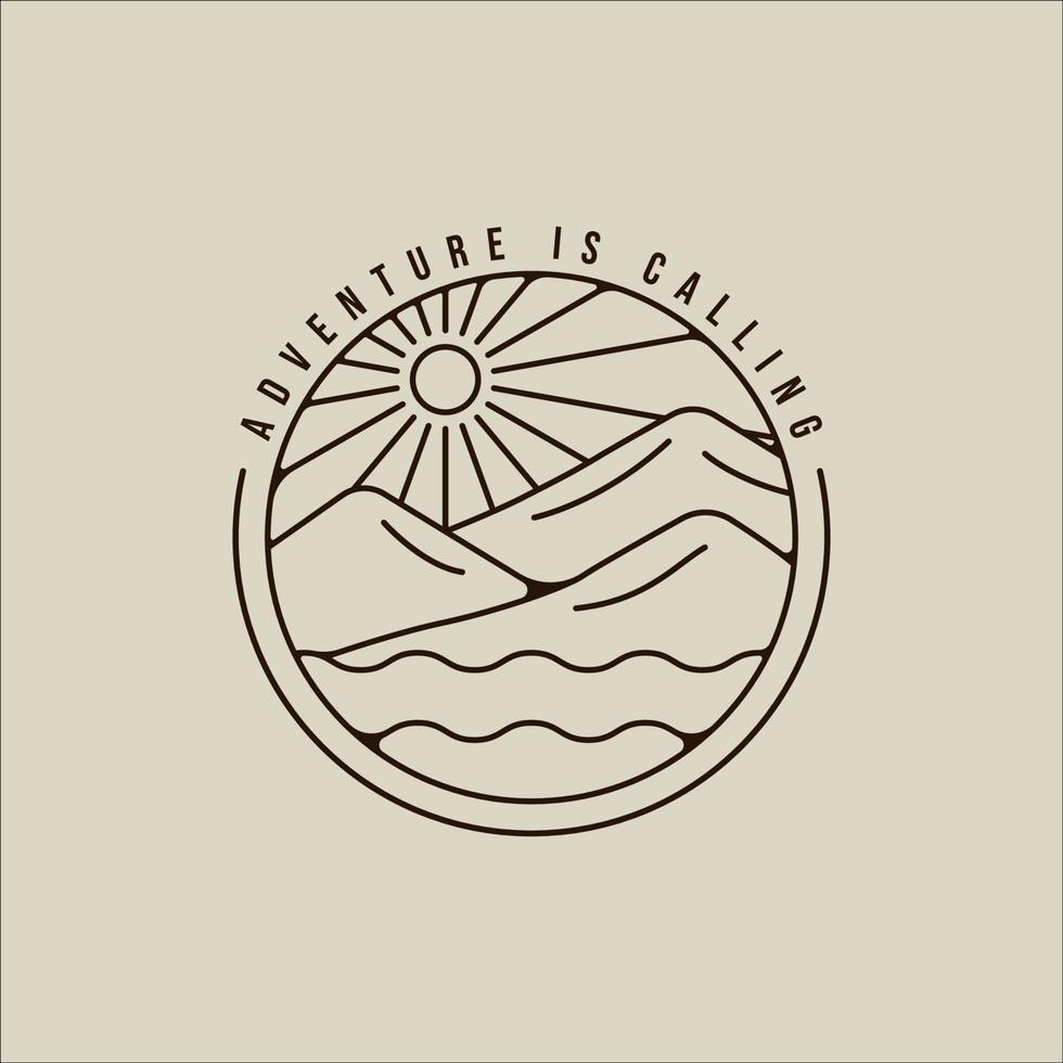 montagna e lago logo line art semplice minimalista illustrazione vettoriale modello icona graphic design. segno o simbolo di avventura e attività all'aperto per la compagnia di viaggi con badge e tipografia