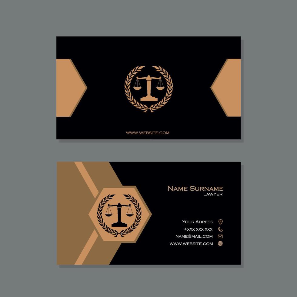 elegante biglietto da visita avvocato in colore oro e nero con disegno della scala della giustizia vettore