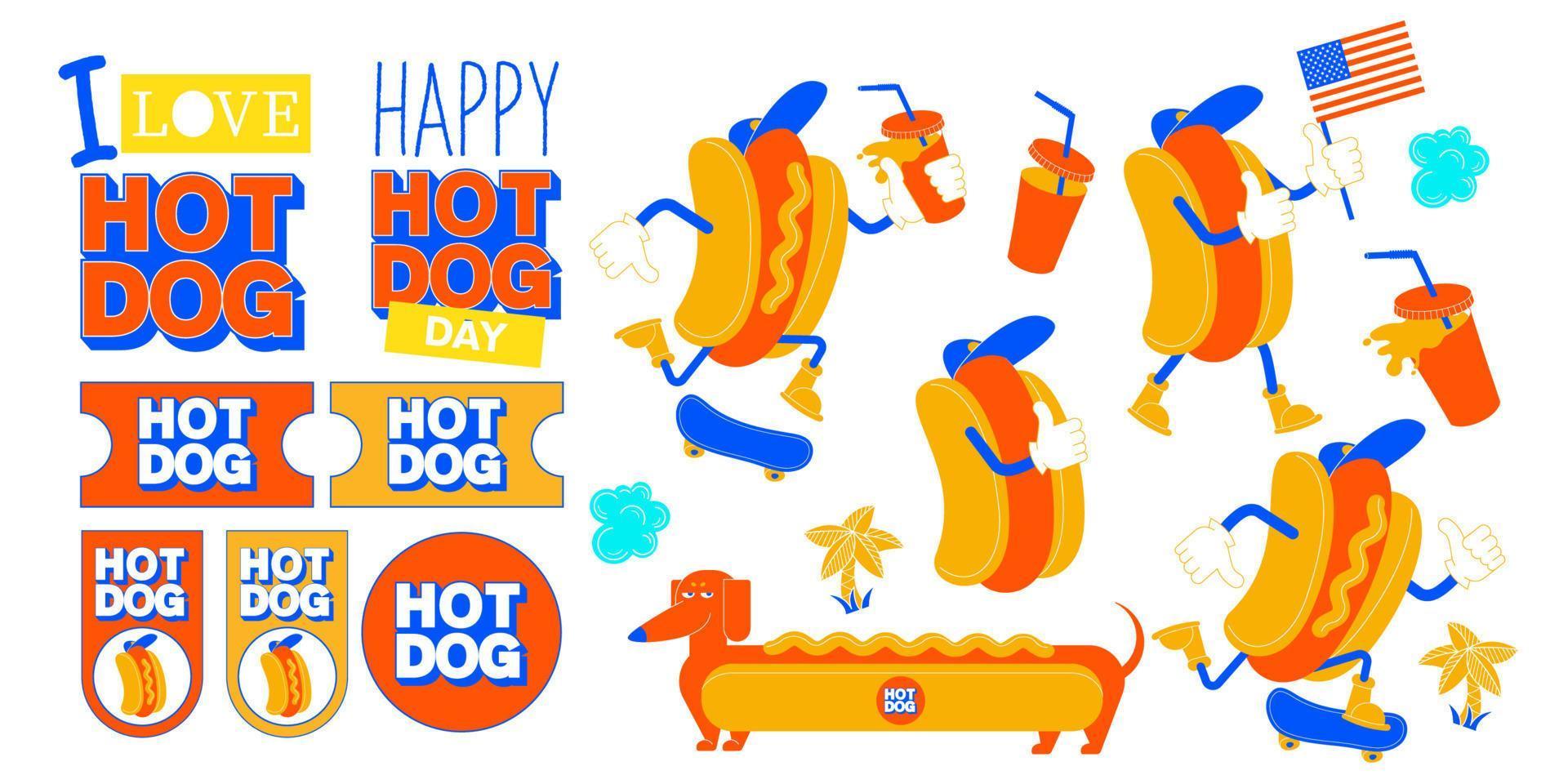 raccolta di elementi di design hot dog e adesivi dei cartoni animati. illustrazione vettoriale. vettore