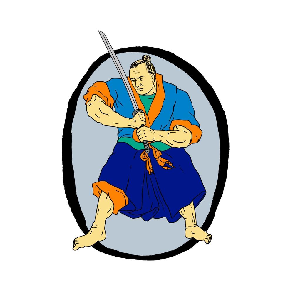 guerriero samurai con spada in posizione di combattimento all'interno del disegno di enso vettore