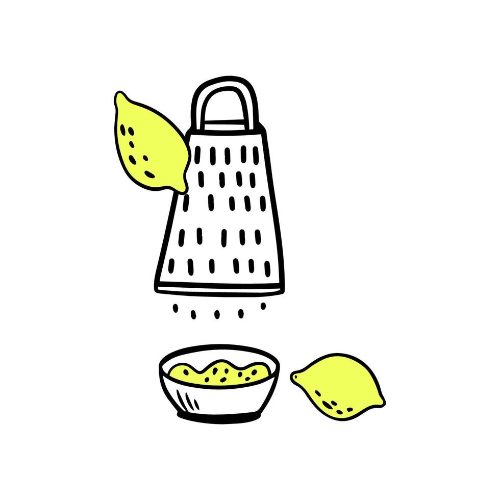 scorza di limone grattugiata. utensili da cucina in stile doodle. illustrazione grafica della salsa di cottura vettore