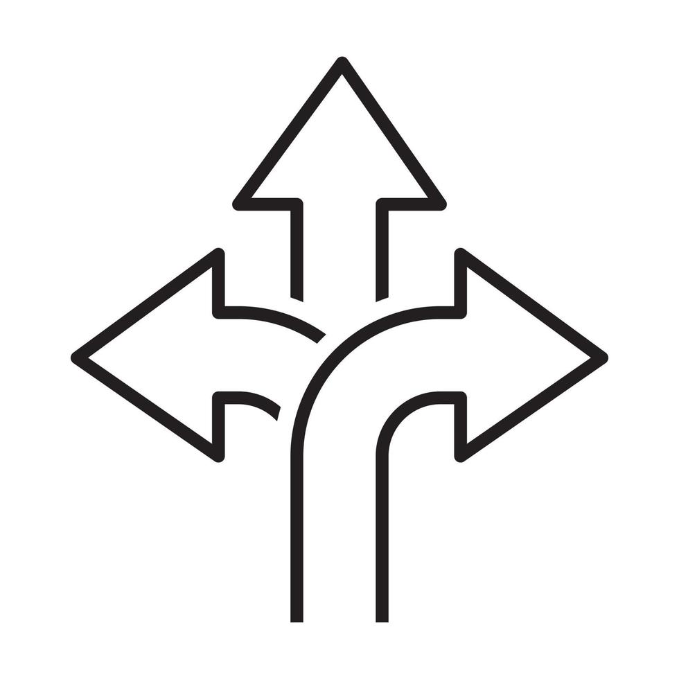 vettore dell'icona della freccia di direzione a tre vie, segnale di direzione stradale per la progettazione grafica, logo, sito Web, social media, app mobile, illustrazione dell'interfaccia utente