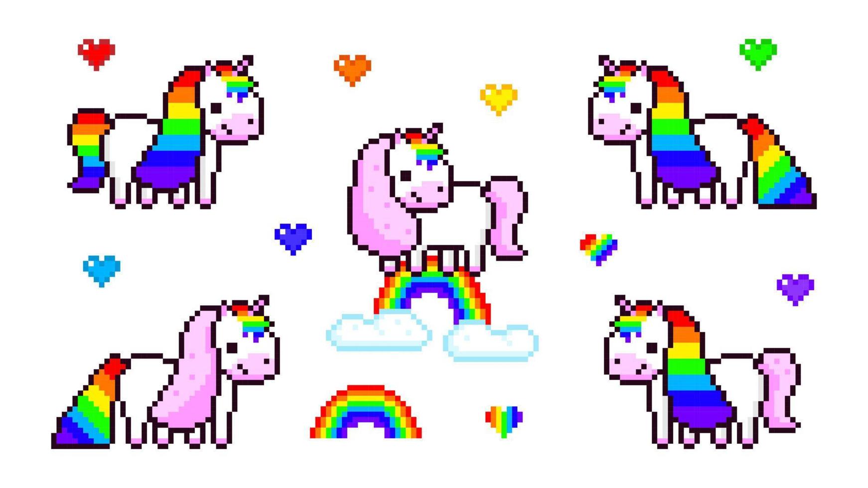 unicorni pixel con criniere arcobaleno. creature fantasy colorate con code rosa e colorate in piedi su arcobaleno circondate da cuori. simpatico personaggio magico delle fiabe con gioco vettoriale a 8 bit