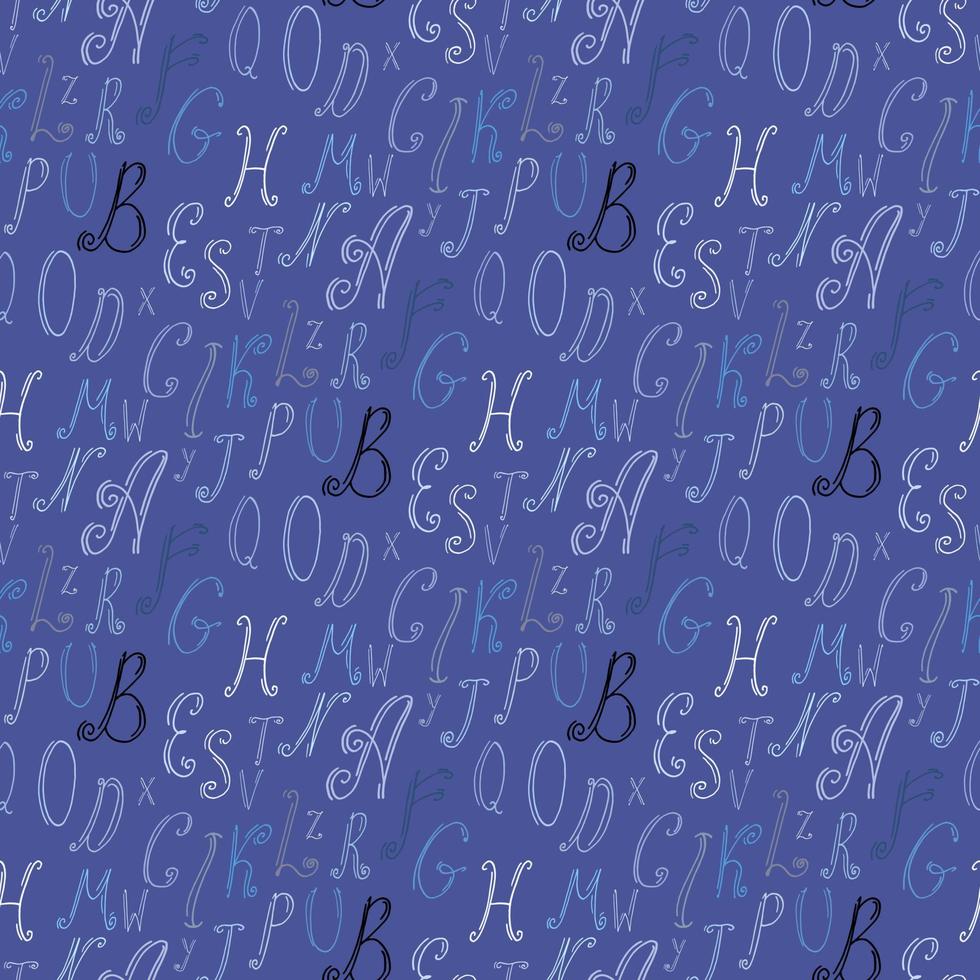 modello senza cuciture con lettere blu, bianche e nere dell'alfabeto inglese su sfondo blu scuro per tessuto, tessuto, vestiti, coperte e altre cose. immagine vettoriale. vettore