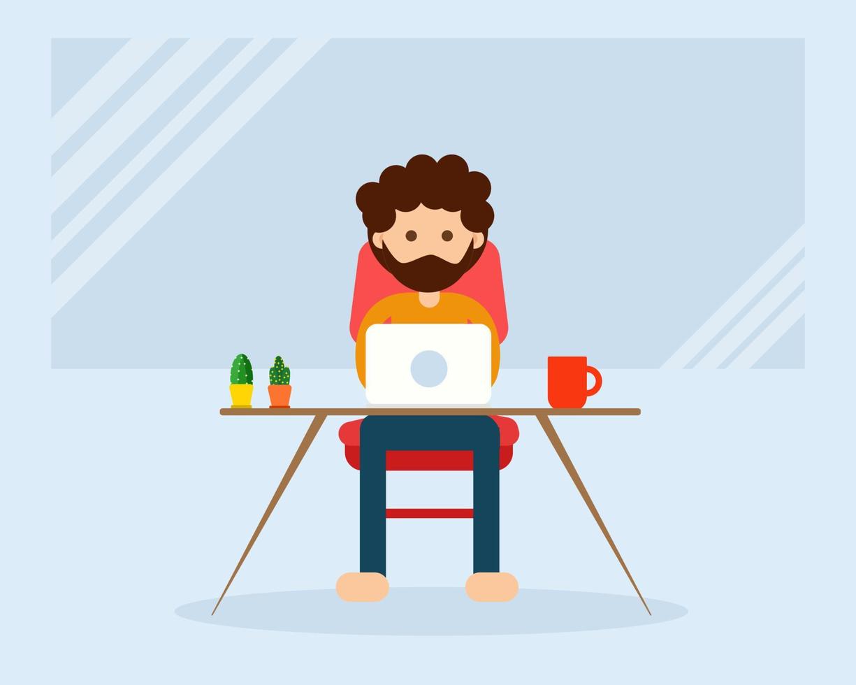 disegno vettoriale del fumetto del carattere dell'uomo. un uomo sta lavorando nell'area di lavoro, laptop e tazza rossa di caffè caldo sul tavolo.