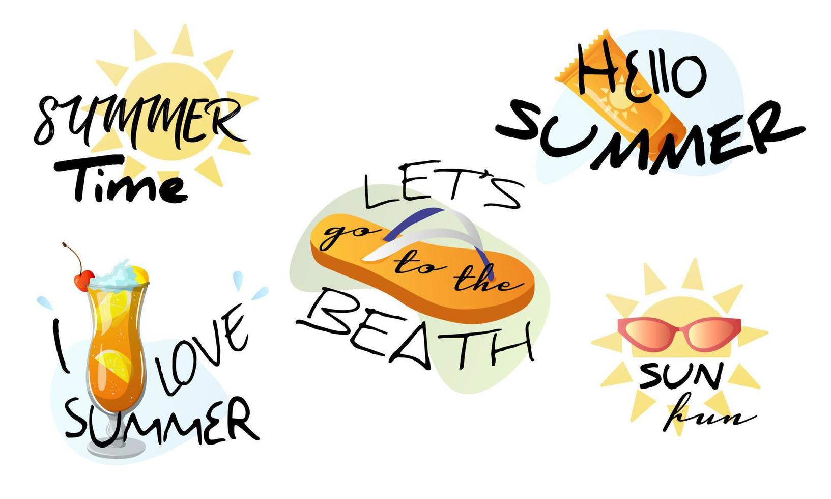 etichette estive, loghi ed elementi per vacanze estive, viaggi, vacanze al mare, sole. vettore