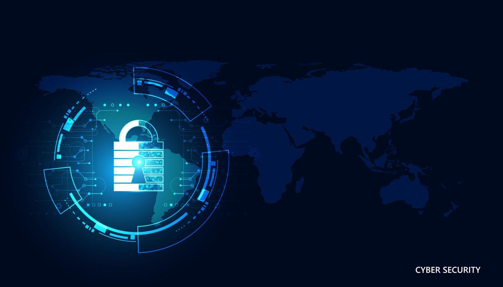 astratto tecnologia cyber sicurezza privacy informazioni rete concetto lucchetto mappa del mondo protezione rete digitale collegamento internet su hi tech blu futuro sfondo vettore