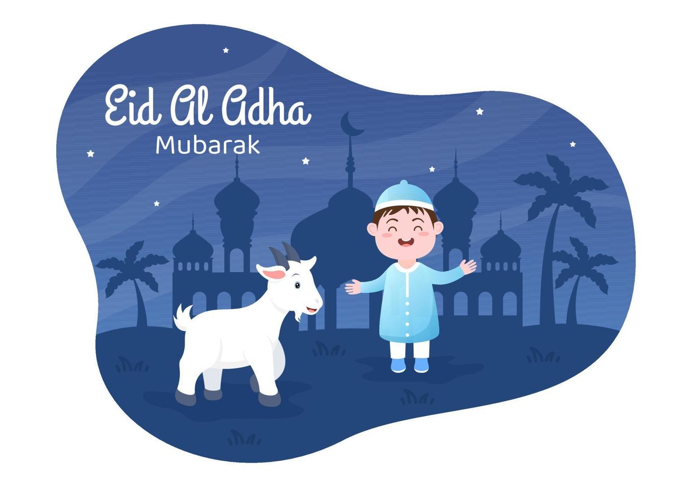 eid al adha sfondo cartone animato illustrazione per la celebrazione dei musulmani con la macellazione di un animale come mucca, capra o cammello e condividerlo vettore