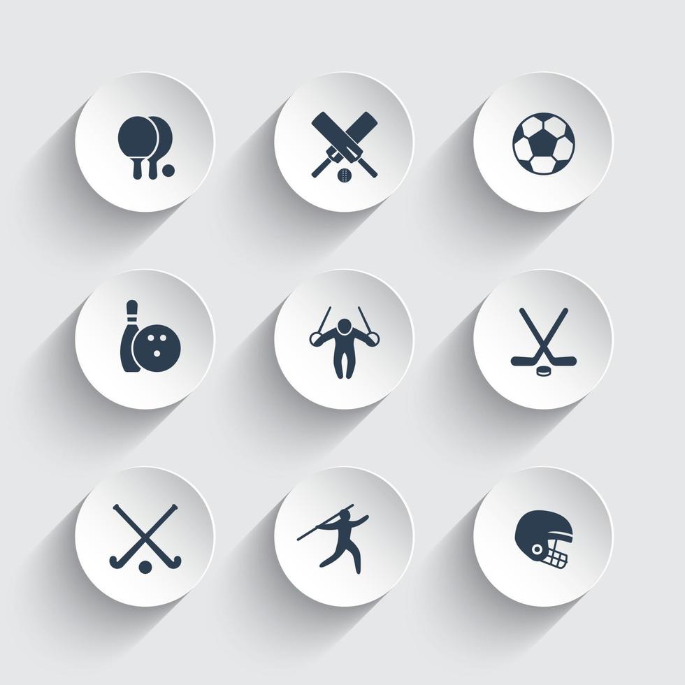 sport, giochi, icone di competizione su forme rotonde 3d, ping-pong, calcio, bowling, cricket, calcio, icona di hockey, illustrazione vettoriale