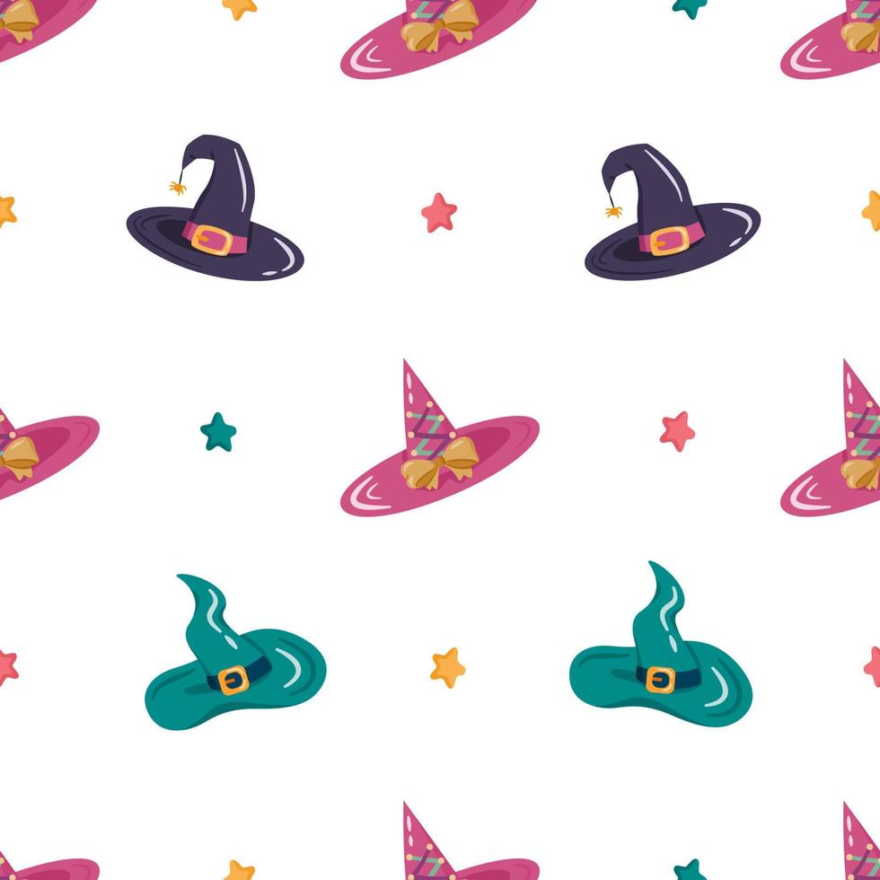 Cartoon streghe e maghi cappelli vector seamless pattern. elementi decorativi per la festa di halloween con diversi accessori. cappucci magici per il design delle vacanze.