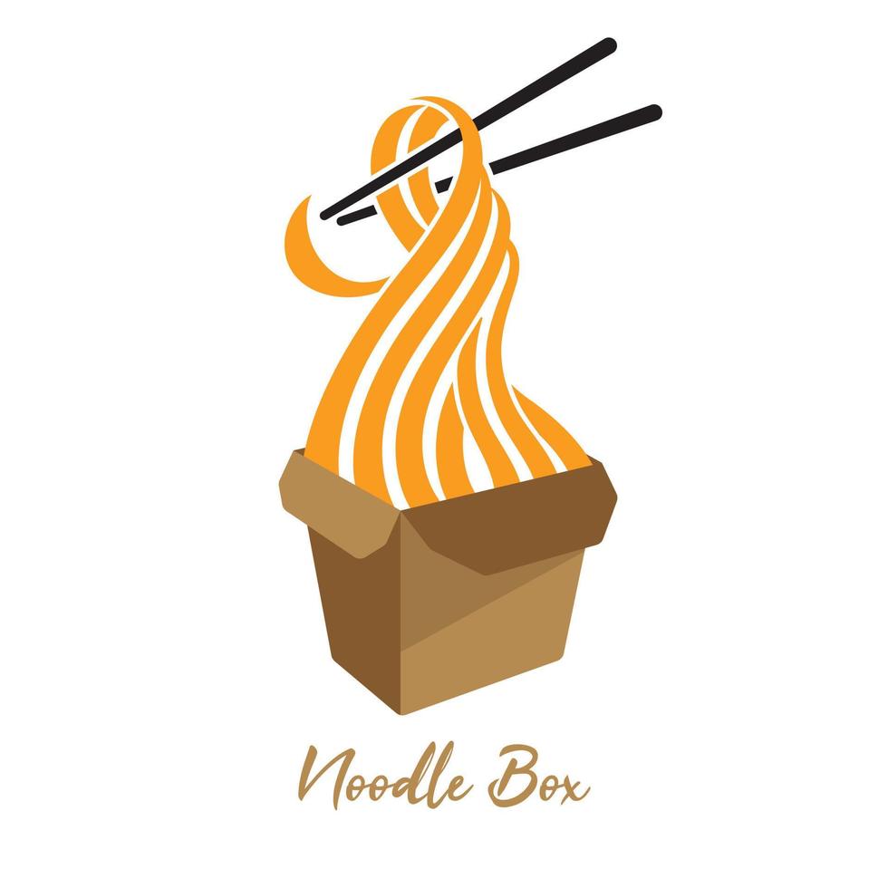 vettore di logo di consegna della scatola della tagliatella. bacchette che tengono noodle su imballaggi alimentari kraft.