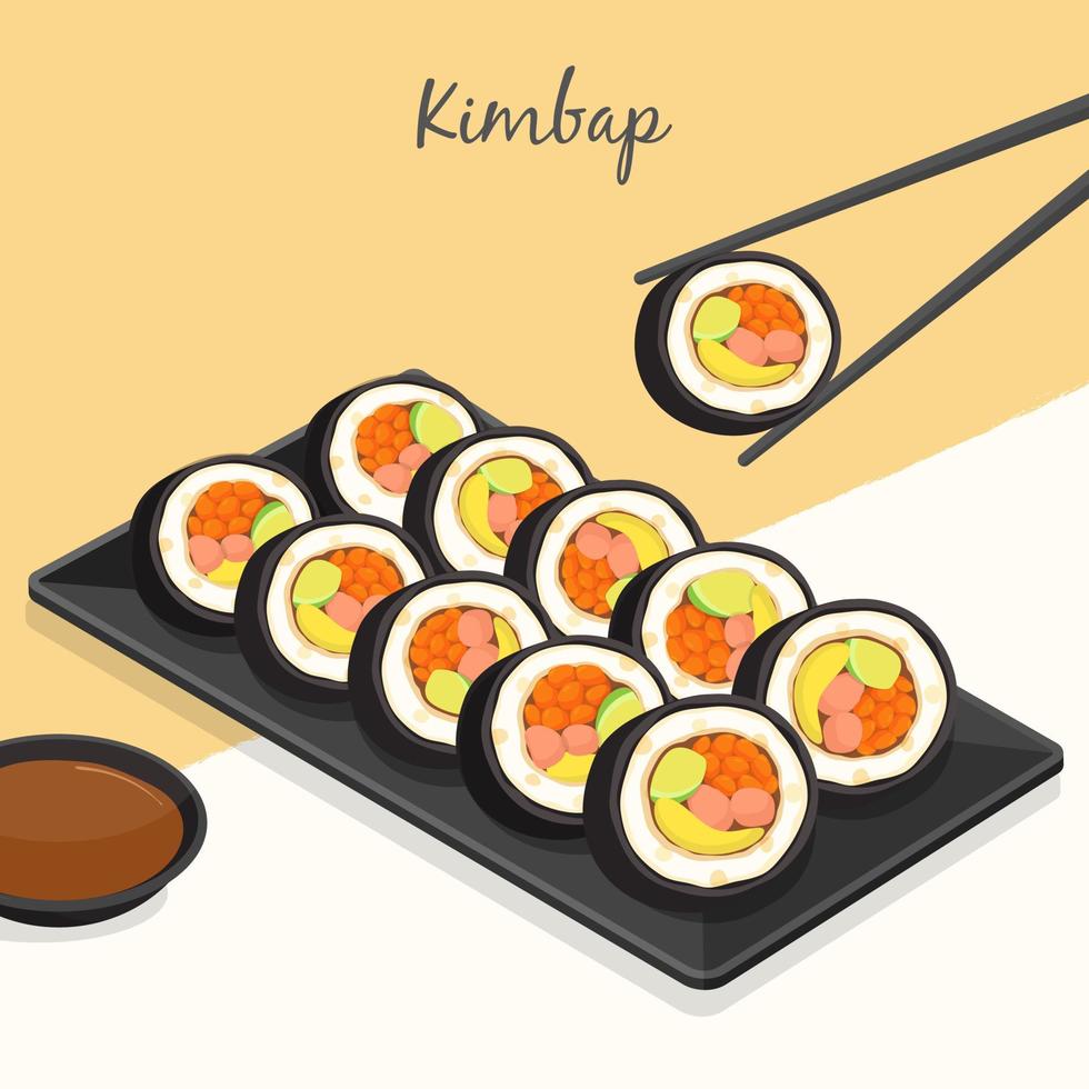 Rotolo di riso di alghe kimbap su piastra nera con salsa di soia ricetta illustrazione vettore. vettore