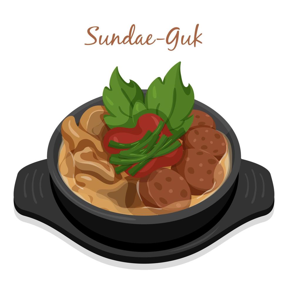 menu sundae-guk. zuppa coreana di salsiccia di sangue nel vettore di illustrazione della ricetta della ciotola nera.