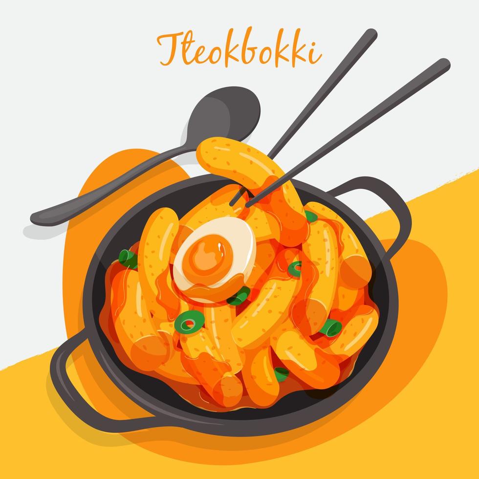 illustrazione della ricetta della torta di riso saltata in padella coreano piccante vector. cibo di strada di tteokbokki. vettore