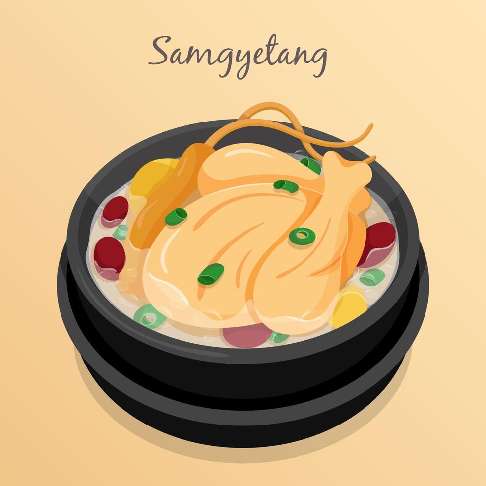 Samgyetang zuppa di pollo al ginseng coreano nel vettore di illustrazione della ricetta della ciotola nera.